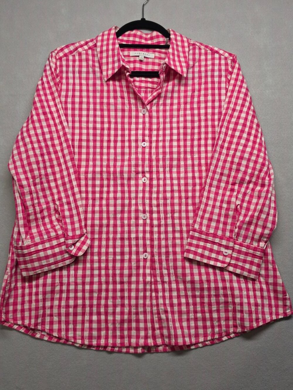 Foxcroft Pink Gingham Button Up Shirt 3/4 Sleeve Sz 14